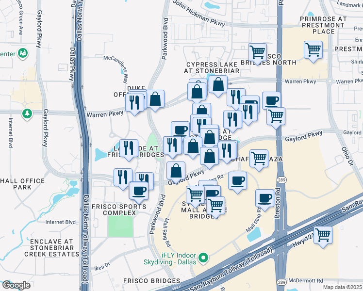 map of restaurants, bars, coffee shops, grocery stores, and more near 3198 Parkwood Boulevard in Frisco