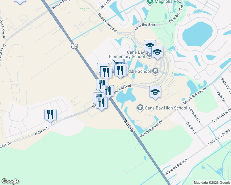 map of restaurants, bars, coffee shops, grocery stores, and more near 1000 Cane Bay Boulevard in Summerville