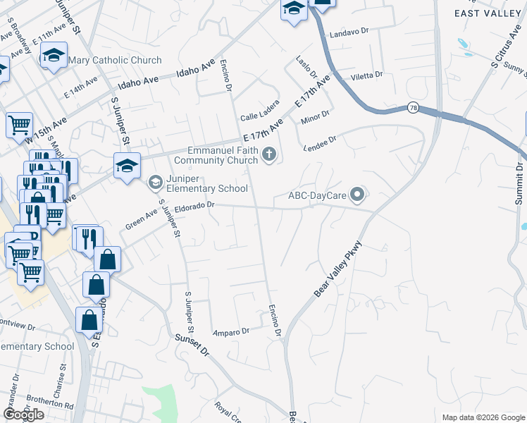 map of restaurants, bars, coffee shops, grocery stores, and more near 542 Eldorado Drive in Escondido