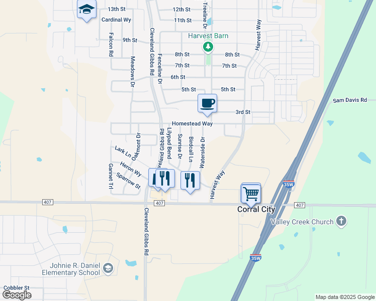 map of restaurants, bars, coffee shops, grocery stores, and more near 141 Birdcall Lane in Argyle