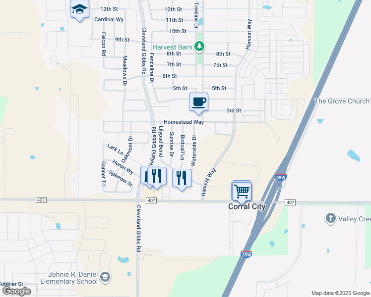 map of restaurants, bars, coffee shops, grocery stores, and more near 140 Birdcall Lane in Argyle