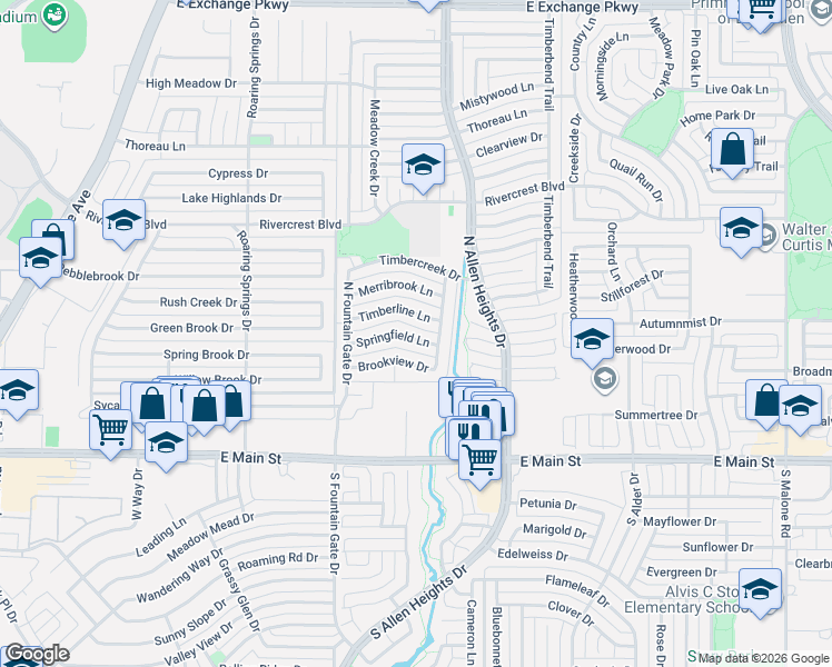 map of restaurants, bars, coffee shops, grocery stores, and more near 1100 Timberline Lane in Allen