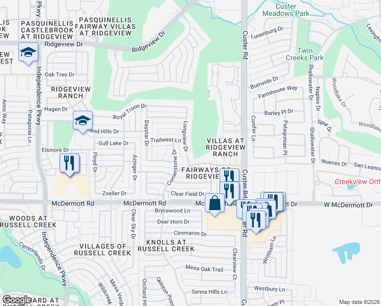 map of restaurants, bars, coffee shops, grocery stores, and more near 9228 Longview Drive in Plano
