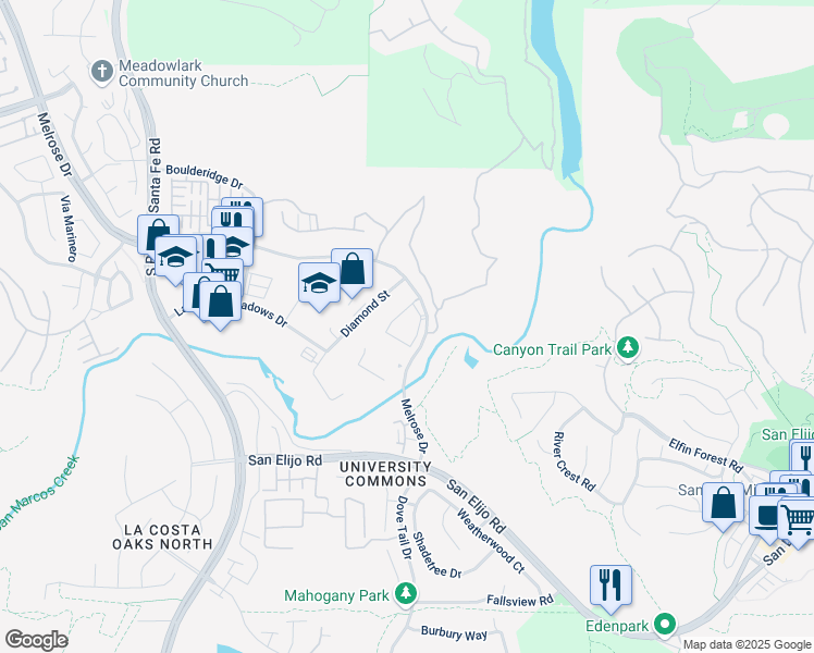 map of restaurants, bars, coffee shops, grocery stores, and more near 1820 Melrose Drive in San Marcos