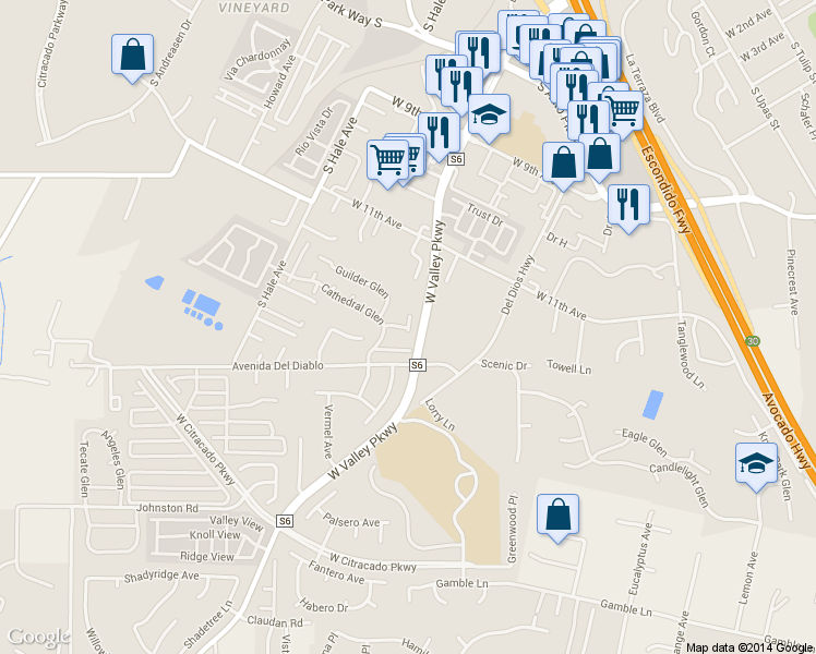 map of restaurants, bars, coffee shops, grocery stores, and more near 1819 Castle Glen Drive in Escondido