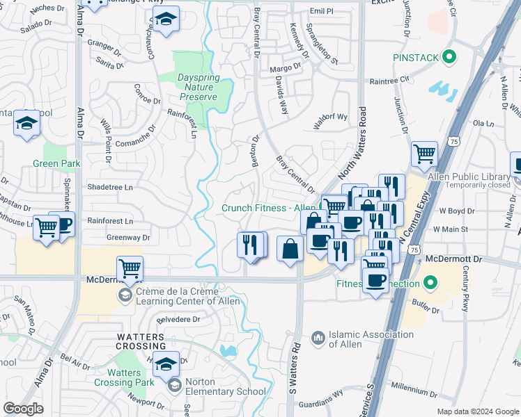 map of restaurants, bars, coffee shops, grocery stores, and more near 331 Phoebe Drive in Allen