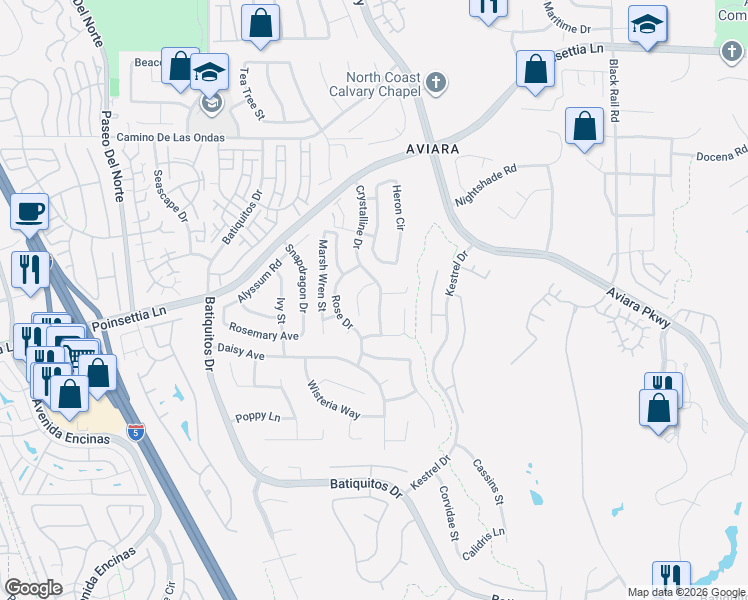 map of restaurants, bars, coffee shops, grocery stores, and more near 7055 Cordgrass Court in Carlsbad