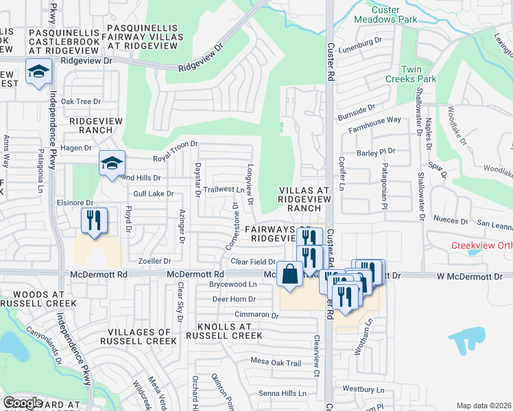 map of restaurants, bars, coffee shops, grocery stores, and more near 9228 Longview Drive in Plano