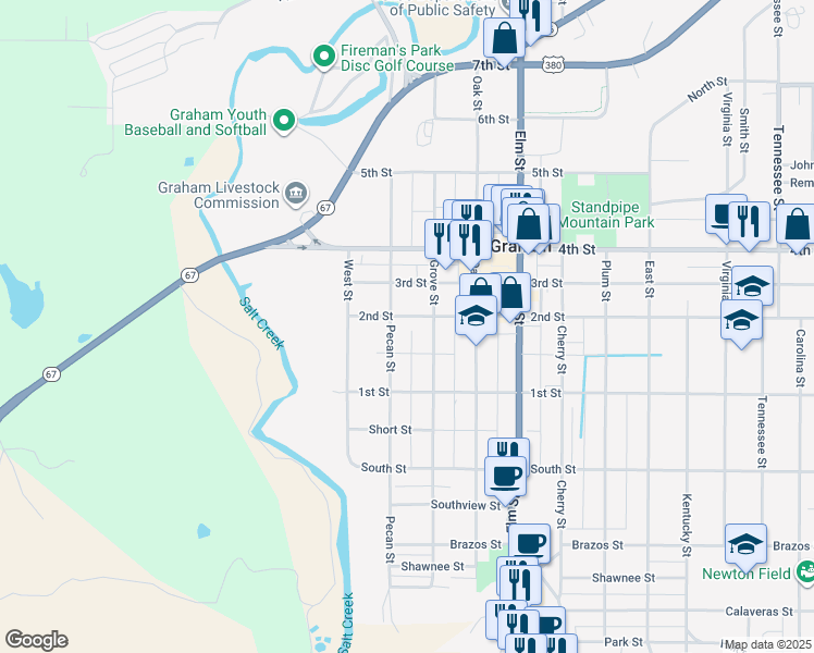 map of restaurants, bars, coffee shops, grocery stores, and more near 315 2nd Street in Graham