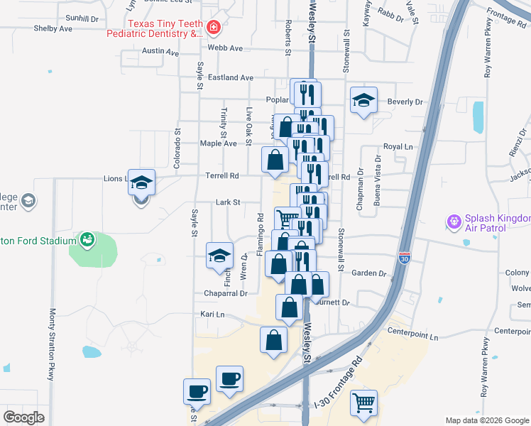 map of restaurants, bars, coffee shops, grocery stores, and more near 6413 Flamingo Road in Greenville