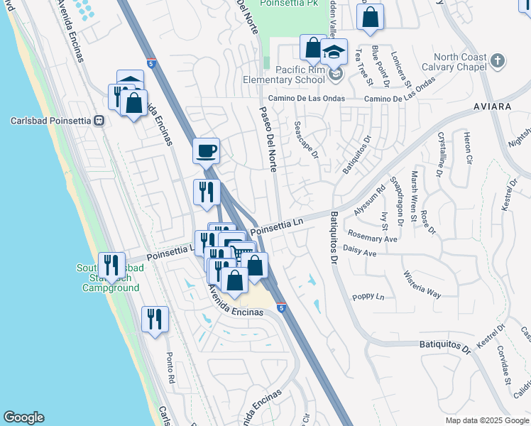 map of restaurants, bars, coffee shops, grocery stores, and more near 6976 Sand Castle Drive in Carlsbad