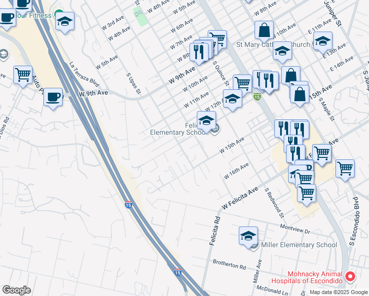 map of restaurants, bars, coffee shops, grocery stores, and more near 1318 South Upas Street in Escondido