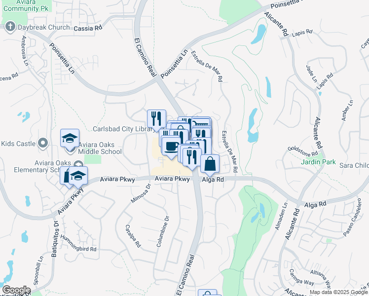 map of restaurants, bars, coffee shops, grocery stores, and more near 6971 El Camino Real in Carlsbad