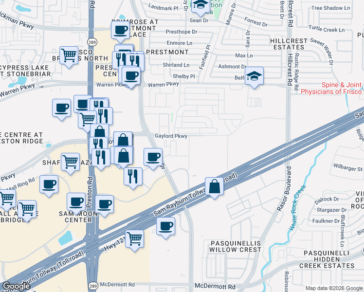 map of restaurants, bars, coffee shops, grocery stores, and more near 9779 Gaylord Parkway in Frisco