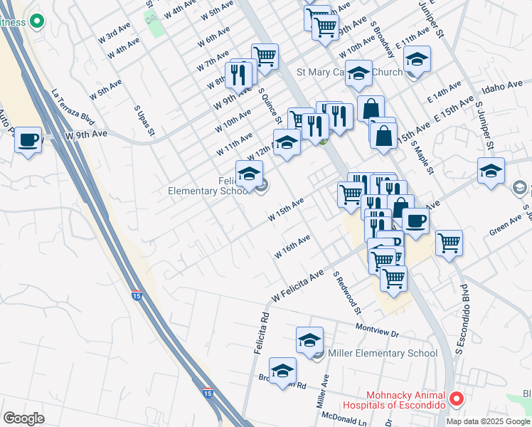 map of restaurants, bars, coffee shops, grocery stores, and more near 764 West 15th Avenue in Escondido