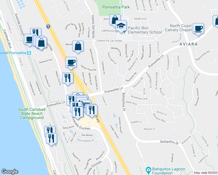 map of restaurants, bars, coffee shops, grocery stores, and more near 800-874 Violet Court in Carlsbad