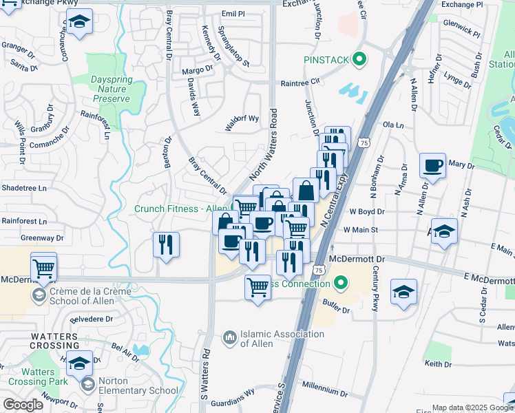 map of restaurants, bars, coffee shops, grocery stores, and more near b105 Junction Drive in Allen