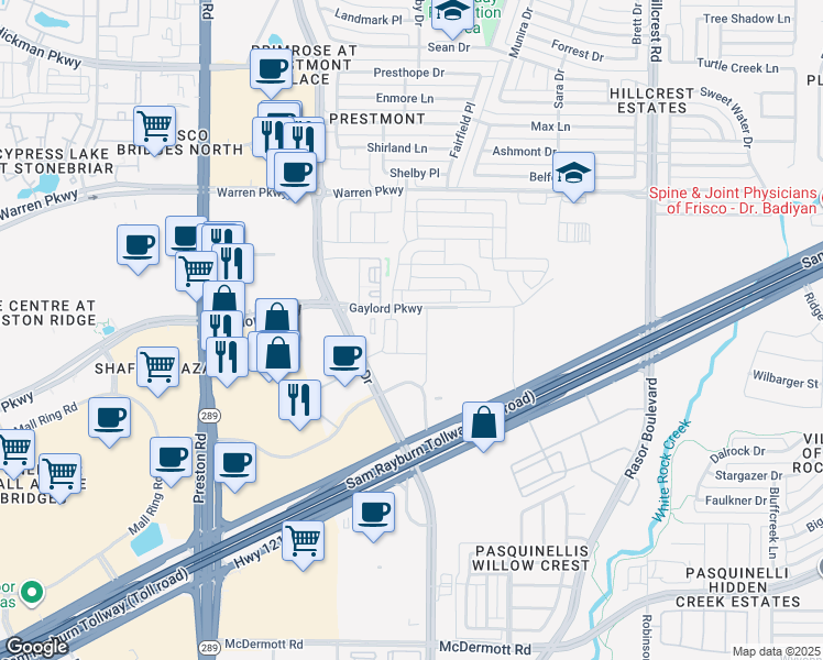 map of restaurants, bars, coffee shops, grocery stores, and more near 9779 Gaylord Parkway in Frisco
