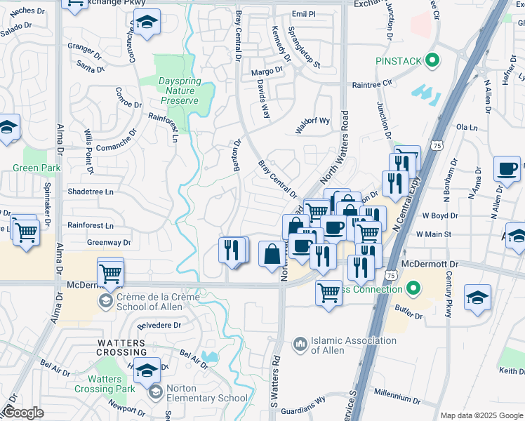 map of restaurants, bars, coffee shops, grocery stores, and more near Audrey Way in Allen