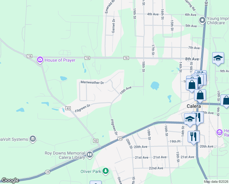 map of restaurants, bars, coffee shops, grocery stores, and more near 200 Meriweather Lane in Calera
