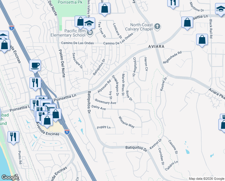 map of restaurants, bars, coffee shops, grocery stores, and more near 7028 Ivy Street in Carlsbad