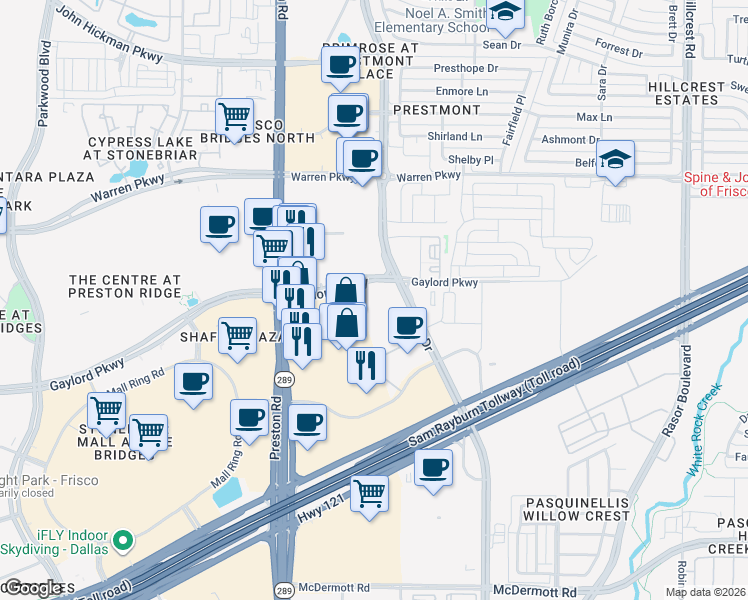 map of restaurants, bars, coffee shops, grocery stores, and more near 3100 Ohio Drive in Frisco