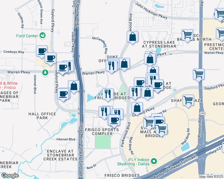 map of restaurants, bars, coffee shops, grocery stores, and more near 3150 Avenue of the Stars in Frisco