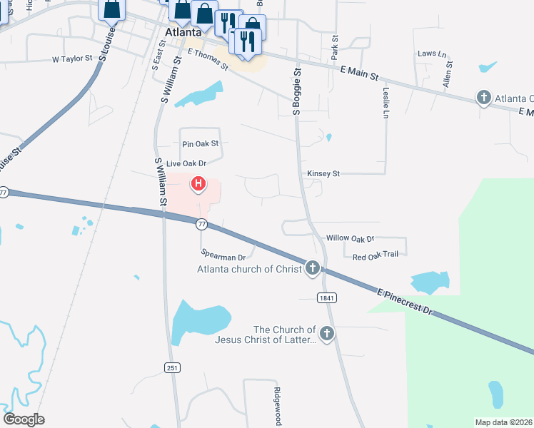 map of restaurants, bars, coffee shops, grocery stores, and more near 504 Big Oak Street in Atlanta