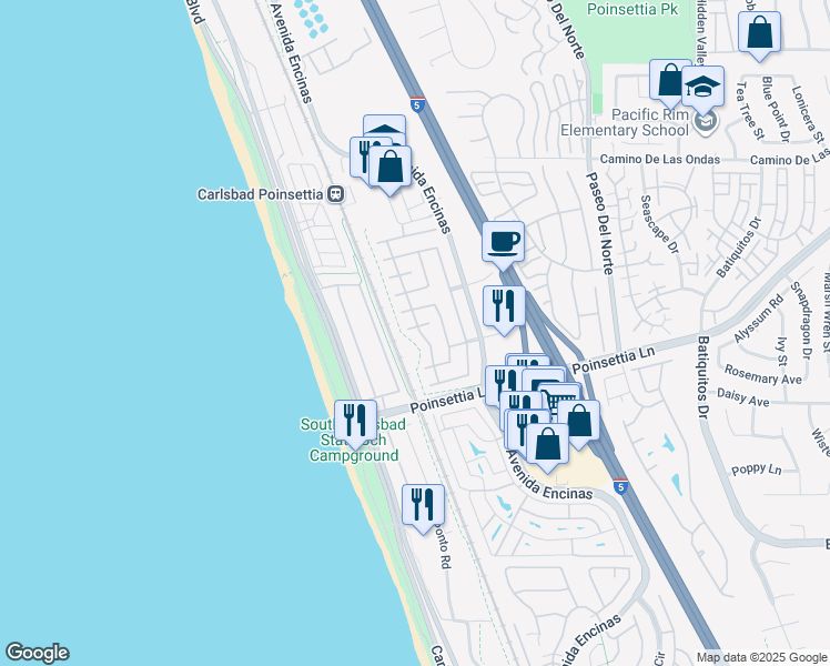 map of restaurants, bars, coffee shops, grocery stores, and more near 2802 State Street in Carlsbad