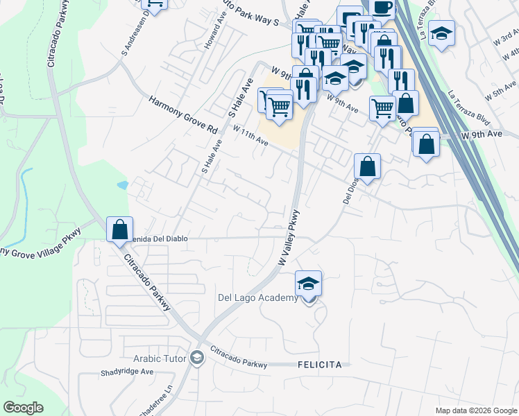 map of restaurants, bars, coffee shops, grocery stores, and more near 1847 Cathedral Glen in Escondido