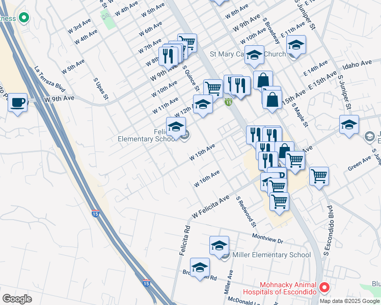 map of restaurants, bars, coffee shops, grocery stores, and more near 764 West 15th Avenue in Escondido