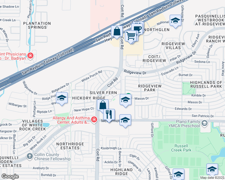map of restaurants, bars, coffee shops, grocery stores, and more near 9300 Coit Road in Plano