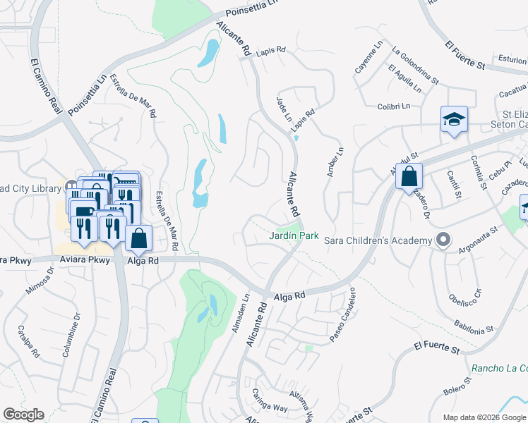 map of restaurants, bars, coffee shops, grocery stores, and more near 6911 Goldstone Road in Carlsbad