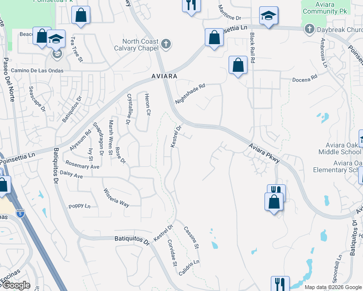 map of restaurants, bars, coffee shops, grocery stores, and more near 1309 Bullrush Court in Carlsbad