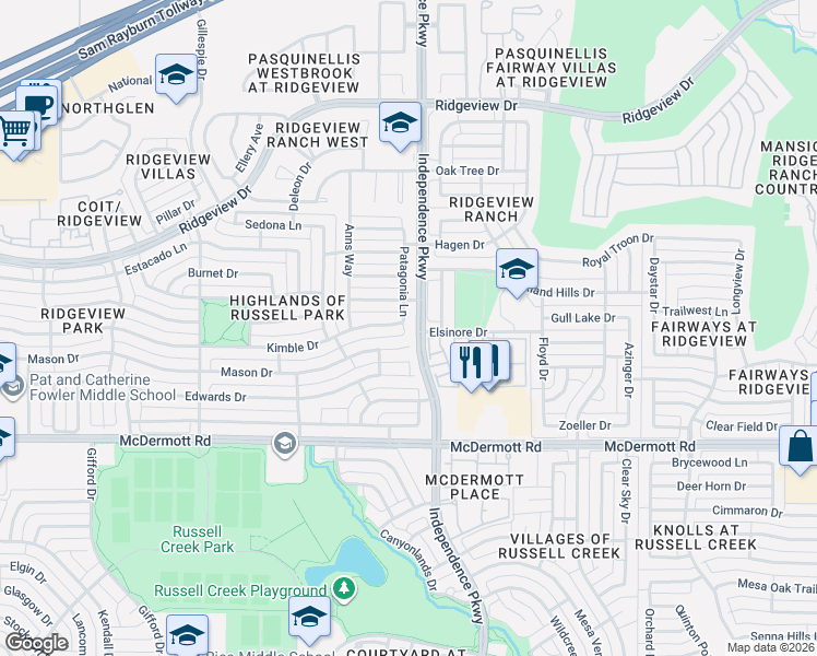 map of restaurants, bars, coffee shops, grocery stores, and more near 3005 Kimble Drive in Plano