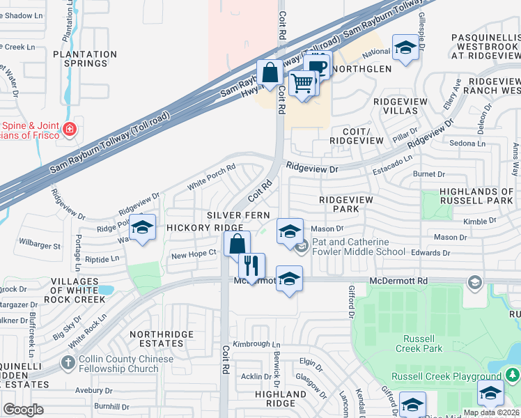 map of restaurants, bars, coffee shops, grocery stores, and more near 9300 Coit Road in Plano