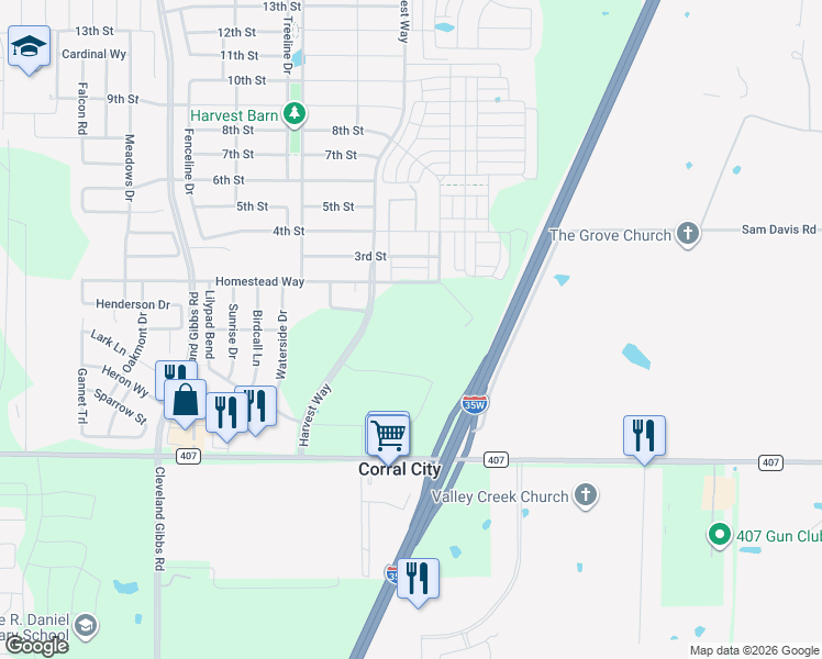 map of restaurants, bars, coffee shops, grocery stores, and more near I35 Farm to Market Road 407 in Justin