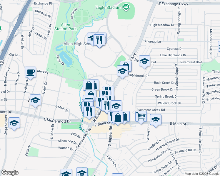 map of restaurants, bars, coffee shops, grocery stores, and more near 524 Saint Mary Drive in Allen