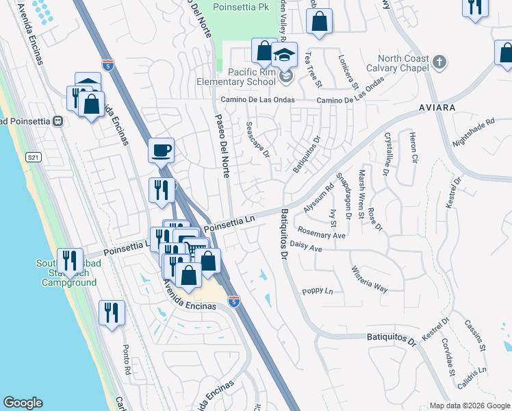 map of restaurants, bars, coffee shops, grocery stores, and more near 6987 Carnation Drive in Carlsbad
