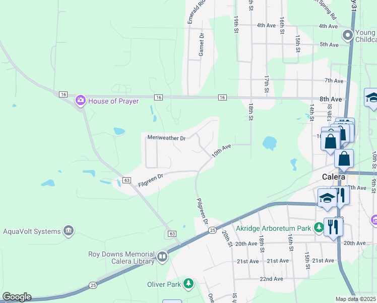 map of restaurants, bars, coffee shops, grocery stores, and more near 432 Meriweather Lane in Calera