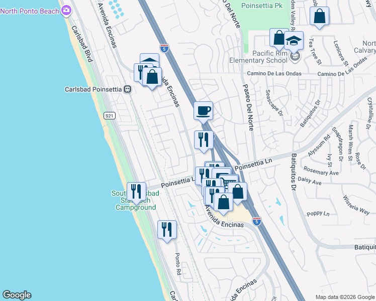 map of restaurants, bars, coffee shops, grocery stores, and more near 6964 Waters End Drive in Carlsbad