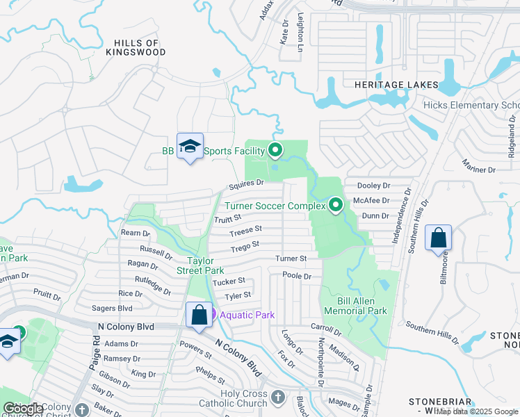 map of restaurants, bars, coffee shops, grocery stores, and more near 5641 Terry Street in The Colony
