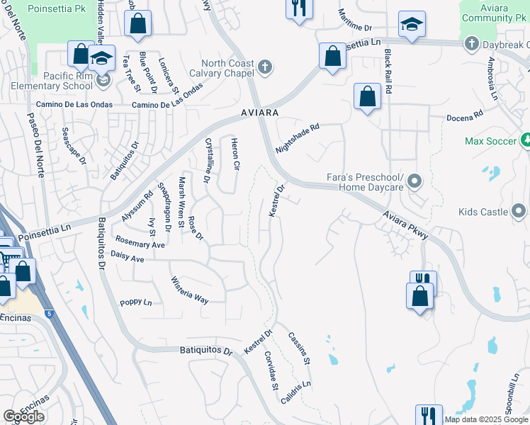 map of restaurants, bars, coffee shops, grocery stores, and more near 6931 Wildrose Terrace in Carlsbad