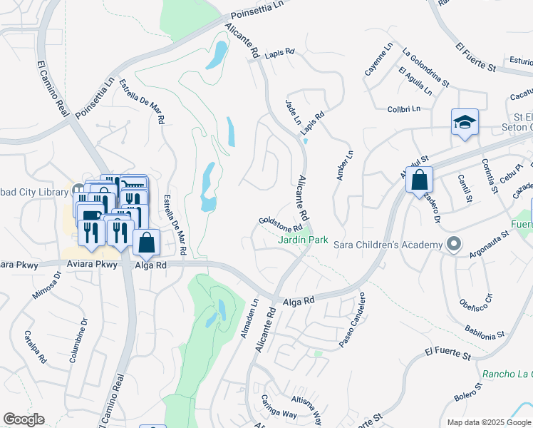 map of restaurants, bars, coffee shops, grocery stores, and more near 6911 Goldstone Road in Carlsbad