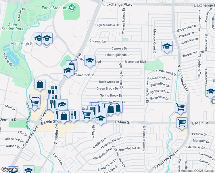 map of restaurants, bars, coffee shops, grocery stores, and more near 812 Rush Creek Drive in Allen