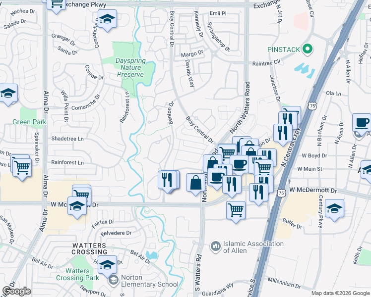 map of restaurants, bars, coffee shops, grocery stores, and more near 1011 Taylor Drive in Allen