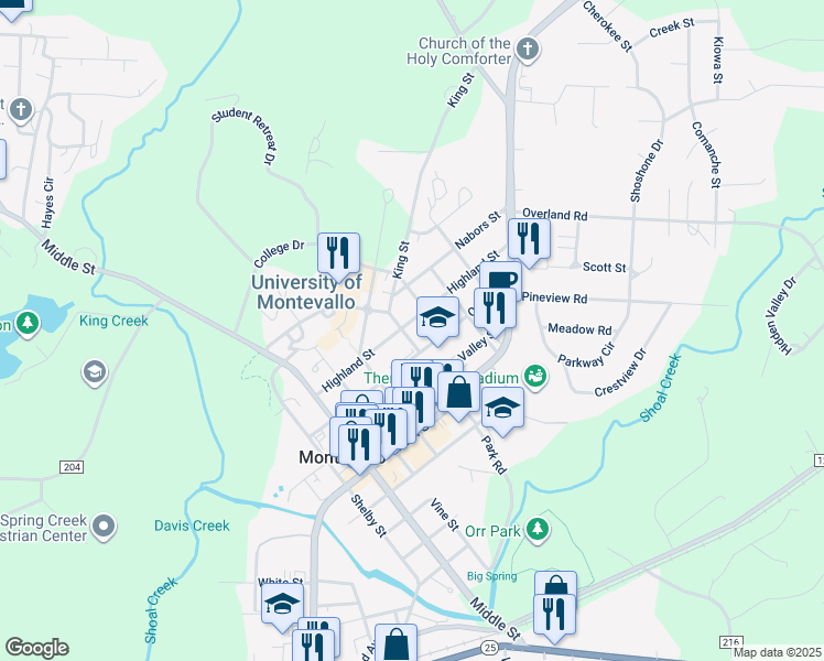 map of restaurants, bars, coffee shops, grocery stores, and more near 1020 Highland Street in Montevallo