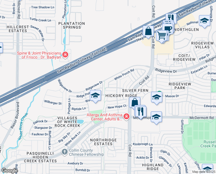 map of restaurants, bars, coffee shops, grocery stores, and more near 4301 Ridge Point Lane in Plano