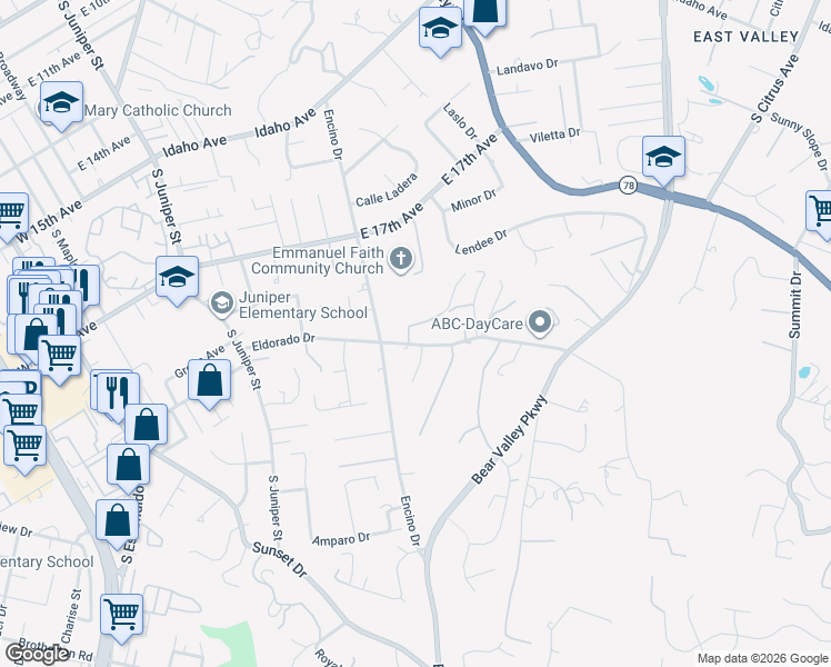 map of restaurants, bars, coffee shops, grocery stores, and more near 542 Eldorado Drive in Escondido