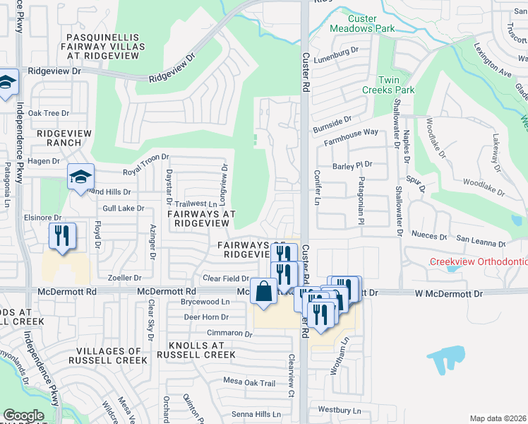 map of restaurants, bars, coffee shops, grocery stores, and more near 9233 Dark Forest Drive in Plano